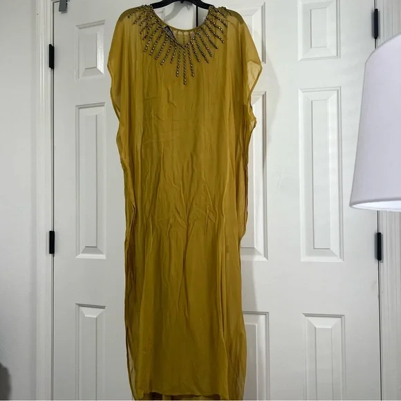 J. Peterman Company The Evening Caftan Gown Beaded Maxi Dress MuMu Yellow Gold M - Picture 12 of 16